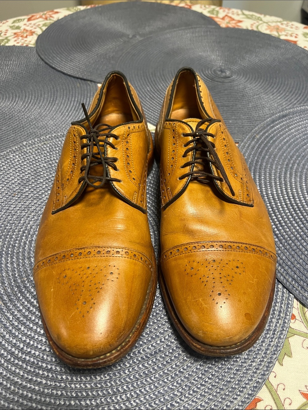 Mens Allen Edmonds Tan Leather Cap-Toe Brogue Lace-Up Dress Shoes